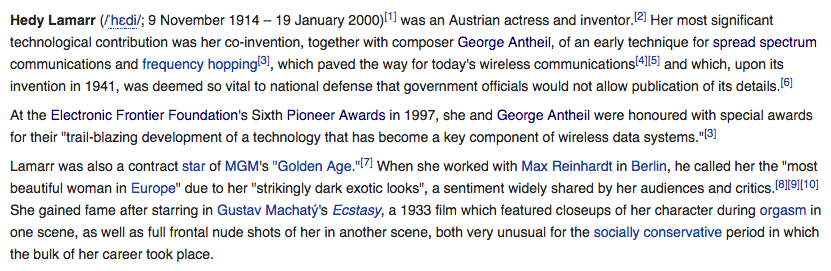 Screenshot of Hedy Lamarr's Wikipedia, in January 2014