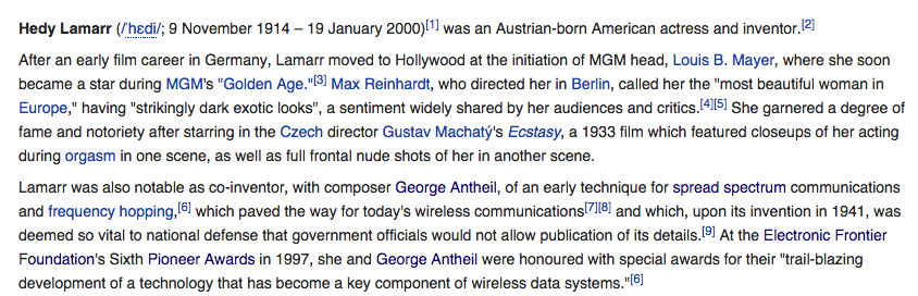 Screenshot of Hedy Lamarr's Wikipedia, in August 2014